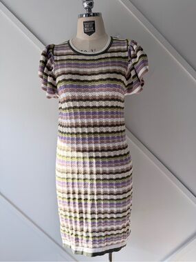 Marella Knit Stripe Dress | Italian Chic Puff Sleeve Bodycon Mini Dress S